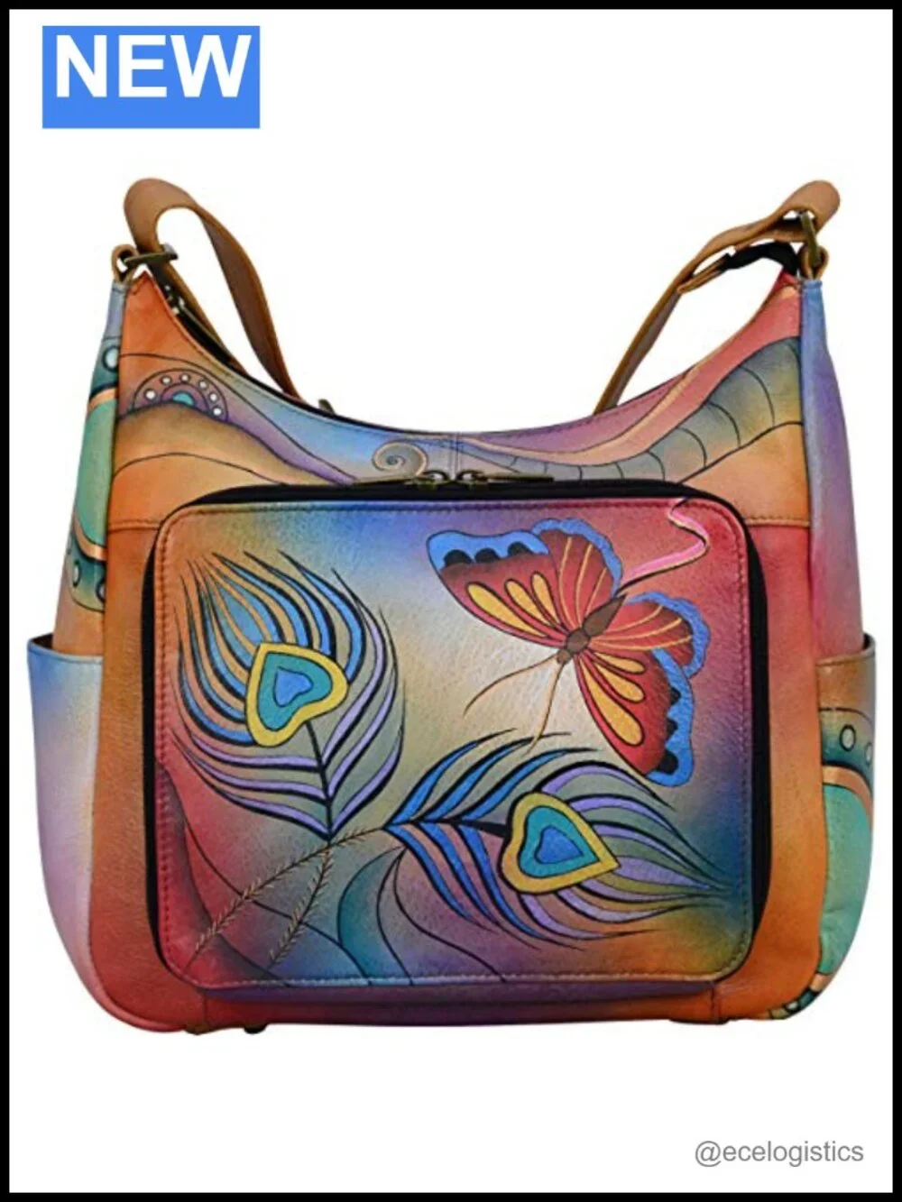 Hand-Painted Genuine Leather Hobo Bag - Zip-Top Organizer